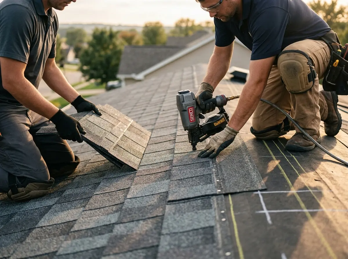 Professional roofer working on a residential roof in Rolesville